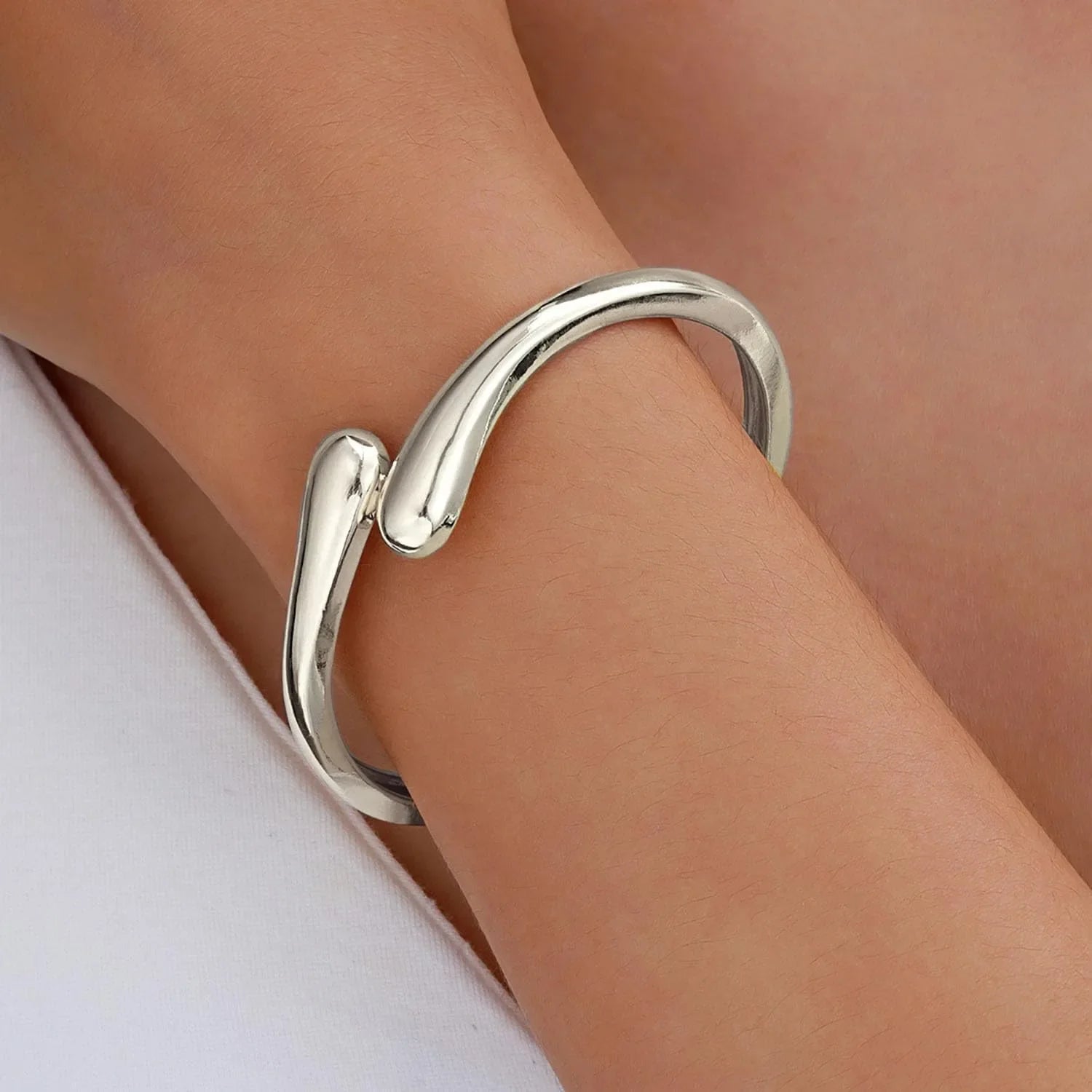 Women's Gold Plated Cuff Bangle | Sculptural Teardrop Open Bracelet | Minimalist Fluid Statement Jewellery