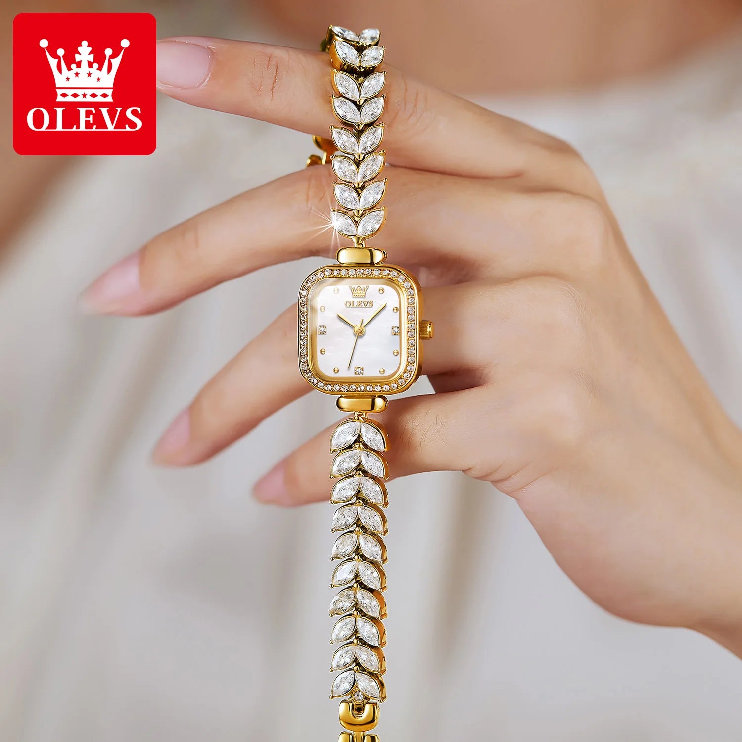 OLEVS 9987 Women's Luxury Quartz Watch | Marquise Gemstone Bracelet | Mother-of-Pearl Dial | Gold Tone Square Case