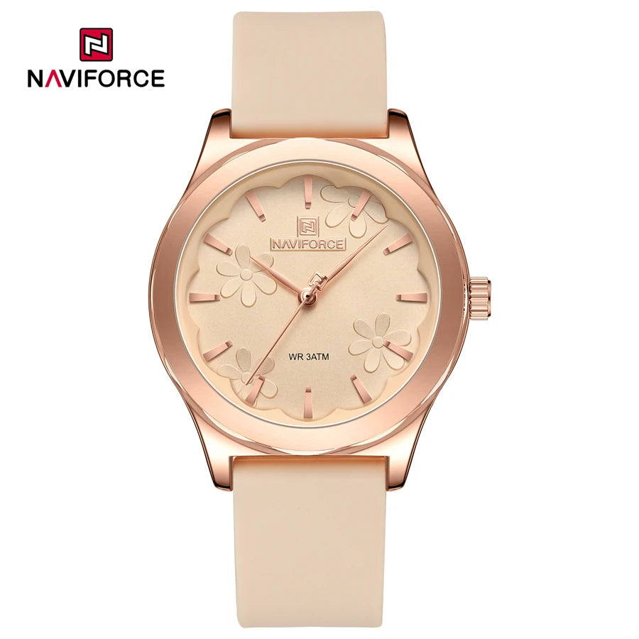 NAVIFORCE NF5051 Women's Quartz Watch | Floral Dial Design | Rose Gold Case | Silicone Strap | 3ATM