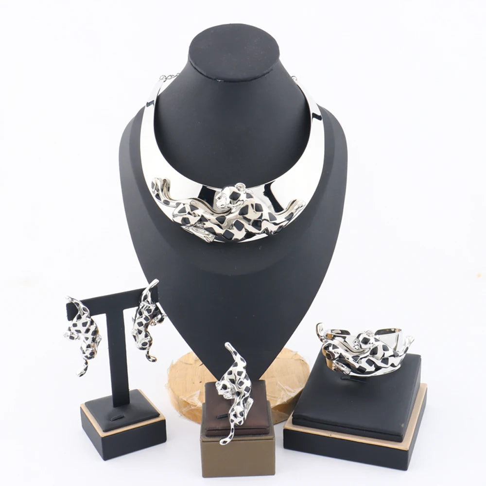 Luxury Leopard 4Pcs Jewellery Set | 24K Vacuum Gold Plated Choker Necklace & Bangle | Nigerian Bridal Statement