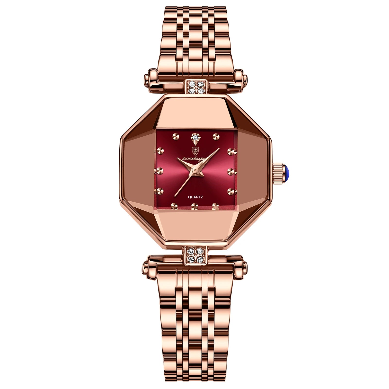 POEDAGAR 368 Women's Quartz Watch | Rose Gold Octagon Case | Ruby Red Dial | Stainless Steel Bracelet | 3ATM