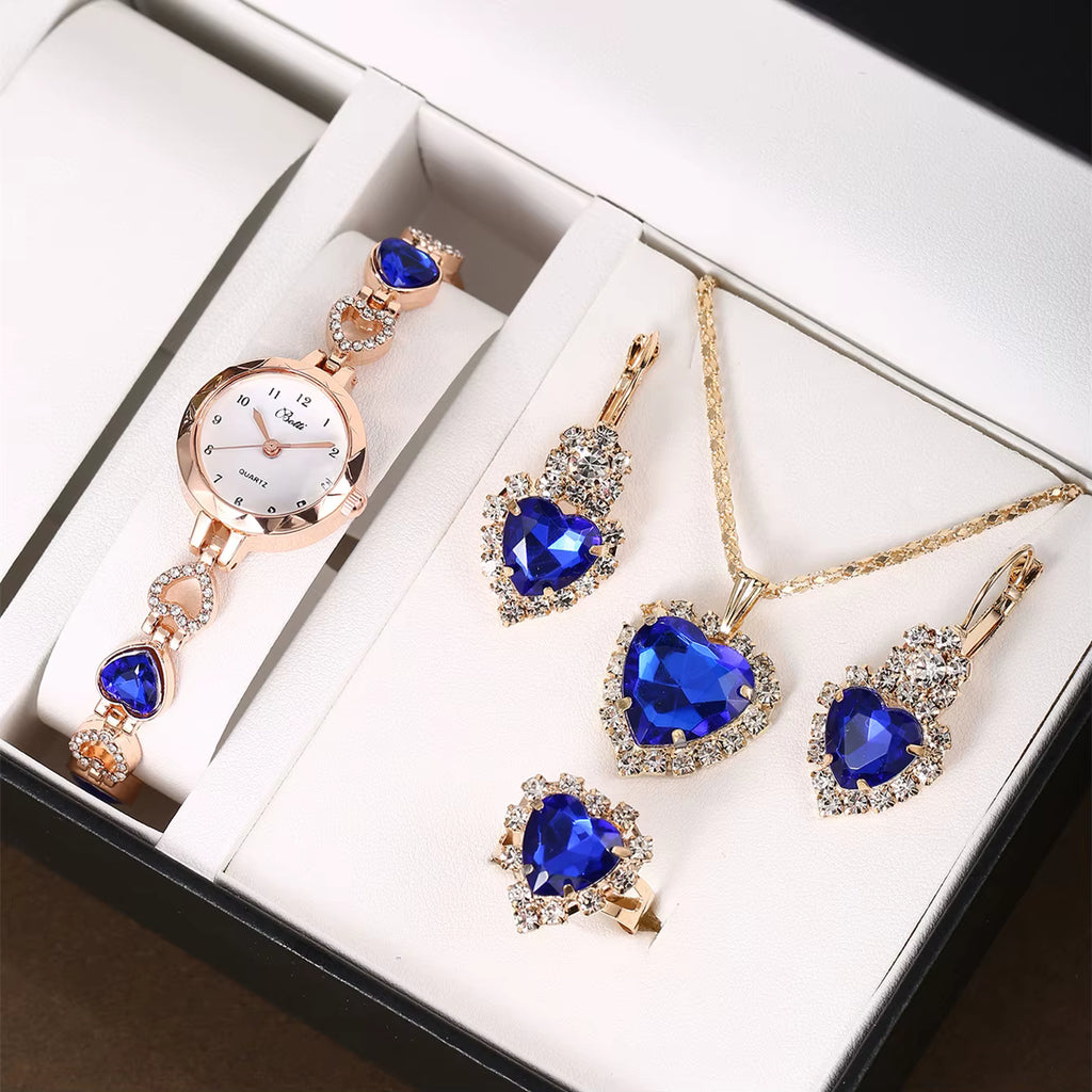 Premium Women's 4-Piece Set 2025 – Quartz Watch, Necklace, Ring and Earrings with Crystals