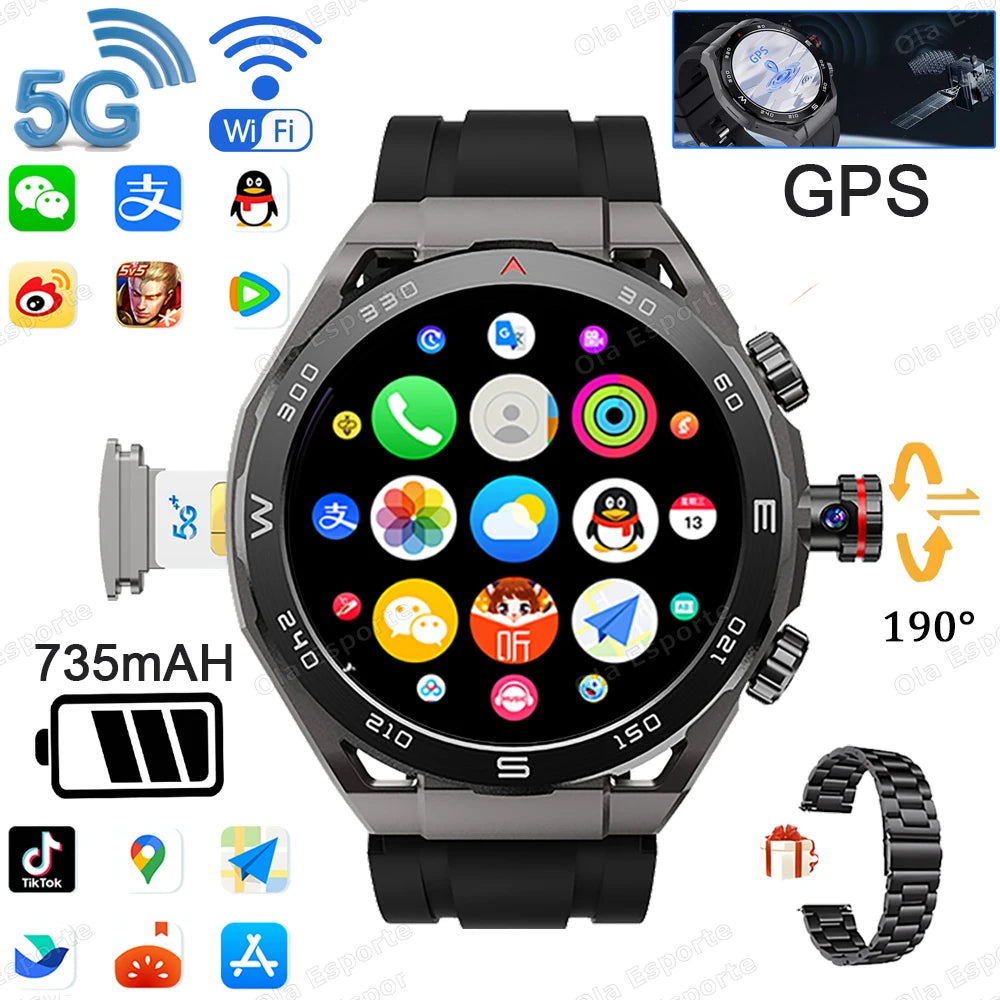 2025 Unisex GPS Smartwatch, 4GB of RAM + 64GB of Storage, 750mAh Battery, 5G Calls, Camera, and IP68 Water Resistance.