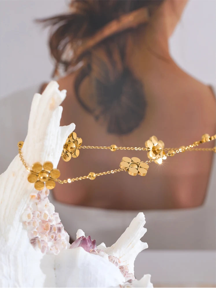 Yhpup Women's PVD Gold Plated Flower Chain Necklace | Stainless Steel Anti-Tarnish Jewellery | Trendy Layering Piece