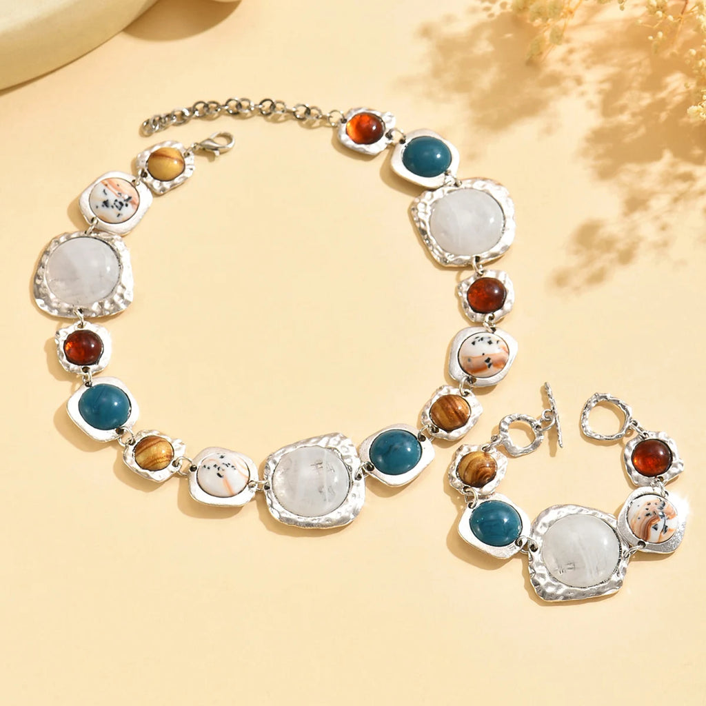 Bohemia Multi-Stone Geometric Jewellery Set | Chunky Irregular Necklace & Bracelet | Vintage Metal Fashion