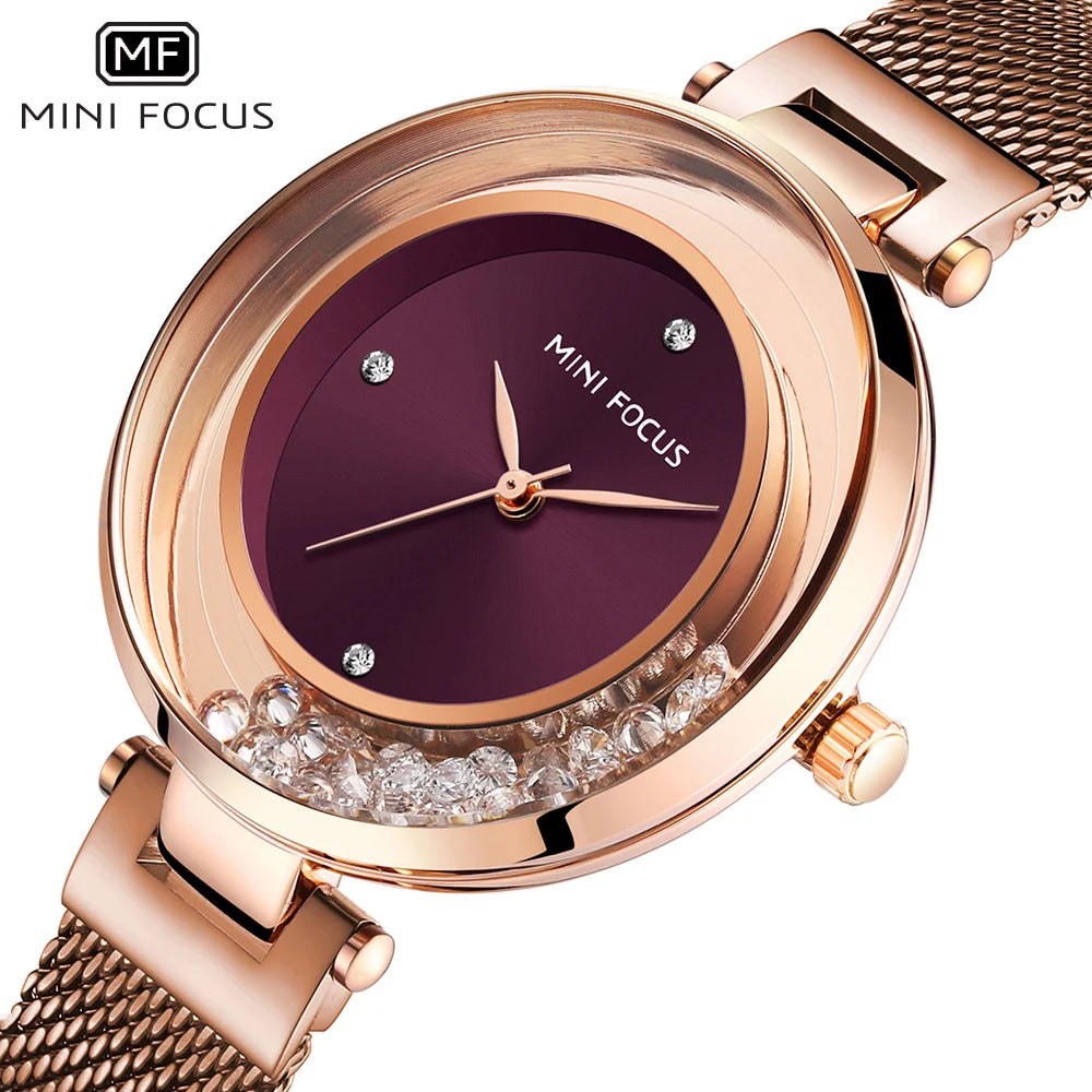 MINI FOCUS MF0254L Women's Quartz Watch | Floating Rhinestone Dial | Rose Gold Mesh Band | Luxury Style