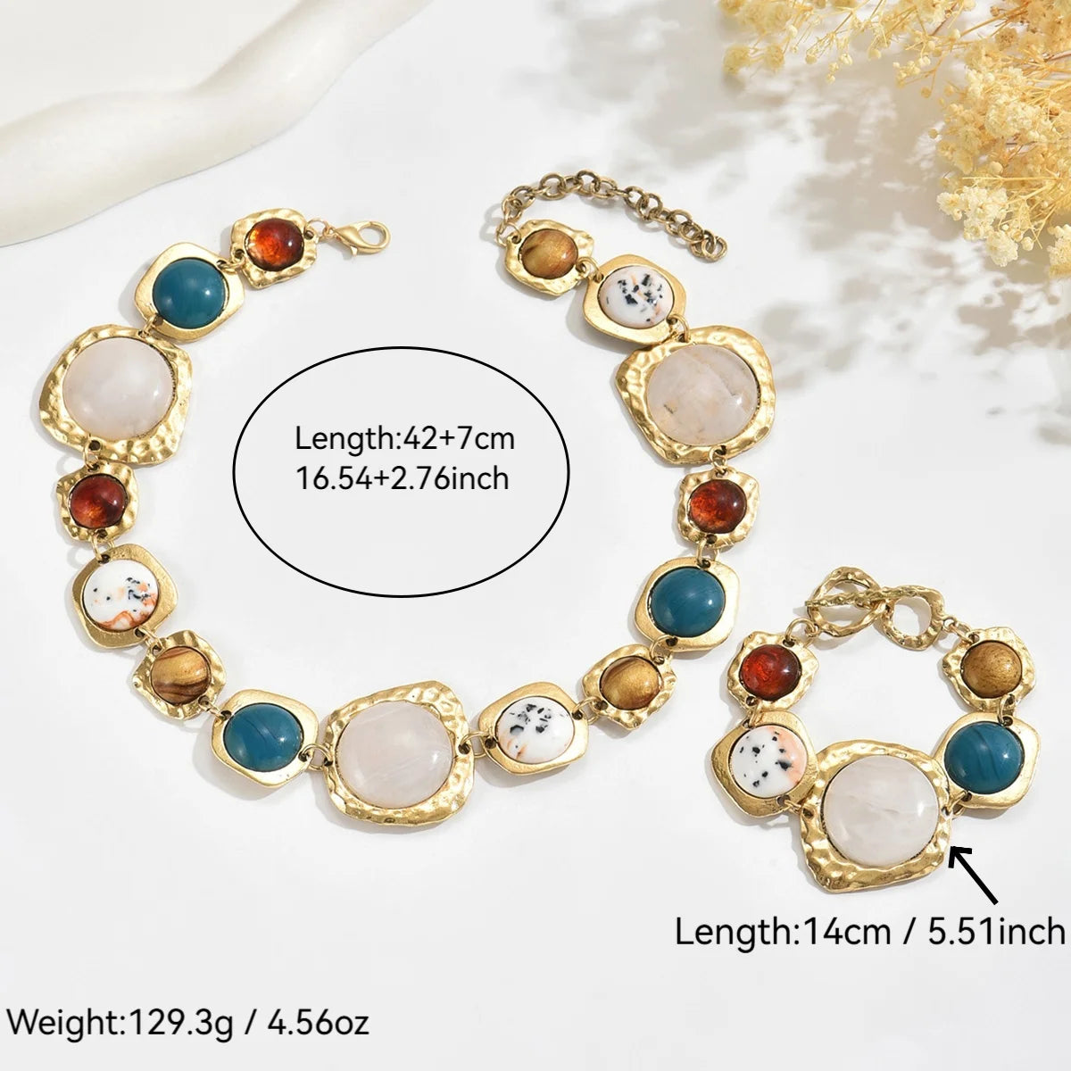 Bohemia Multi-Stone Geometric Jewellery Set | Chunky Irregular Necklace & Bracelet | Vintage Metal Fashion