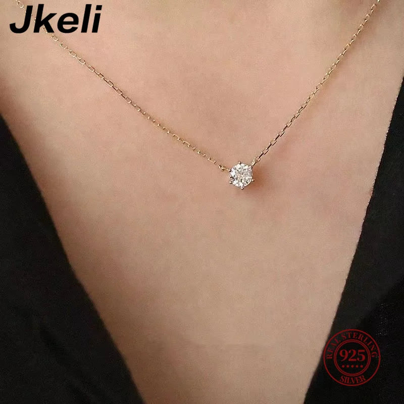 Jkeli S925 Sterling Silver Solitaire Necklace | Gold Plated Zircon Pendant | Delicate Minimalist Fine Jewellery
