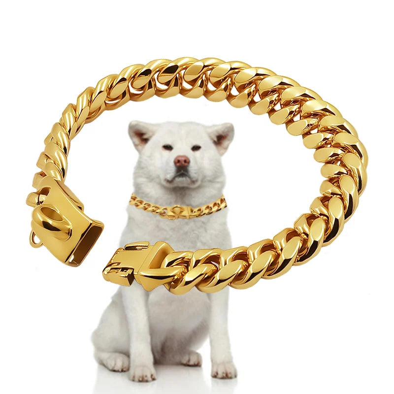 XMSJ Heavy Duty Cuban Link Dog Collar | 304 Stainless Steel, 18K Gold Plated | Quick Release Luxury Chain