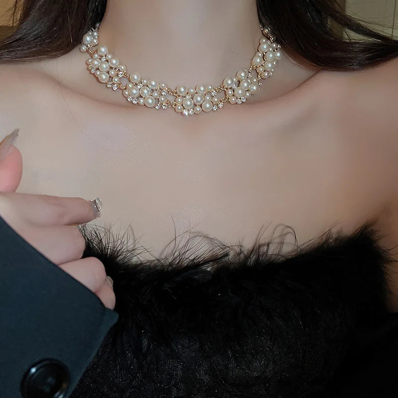 DREJEW Women's Cluster Pearl & Rhinestone Jewellery Set | Gold Tone Wedding Choker Necklace & Stud Earrings