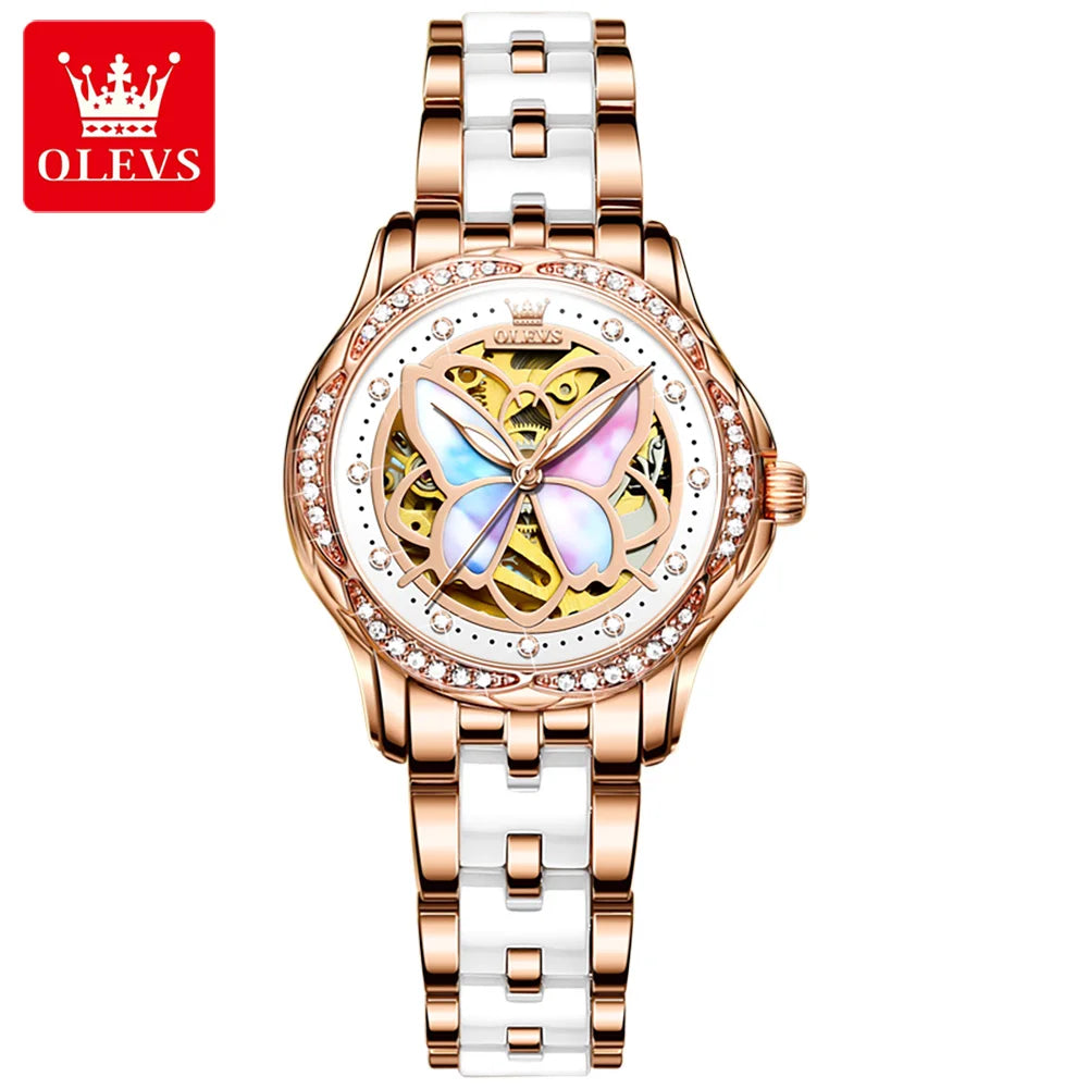 OLEVS 6615 Women's Automatic Watch | Butterfly Skeleton Dial | Rose Gold & Ceramic Bracelet | Rhinestone Bezel
