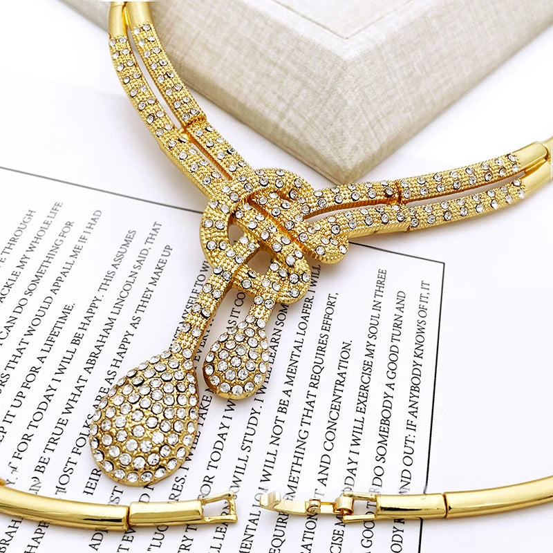 GZJPEI Dubai Gold Plated Jewellery Set | Women's Big Statement Necklace, Bracelet, Earrings & Ring | Party Fashion