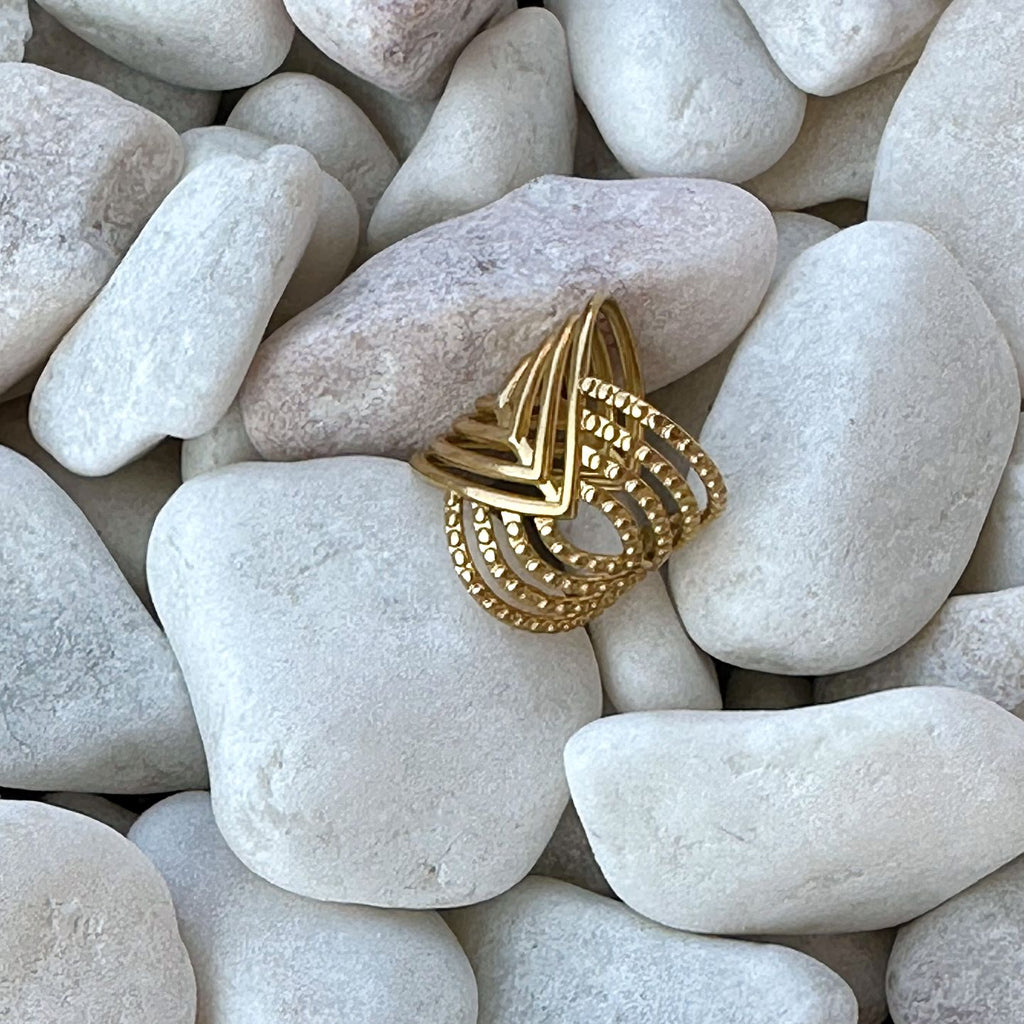 DGIDDK Women's 18K Gold Plated Statement Ring | Stainless Steel V-Shape Geometric Jewellery | Adjustable Wide Band