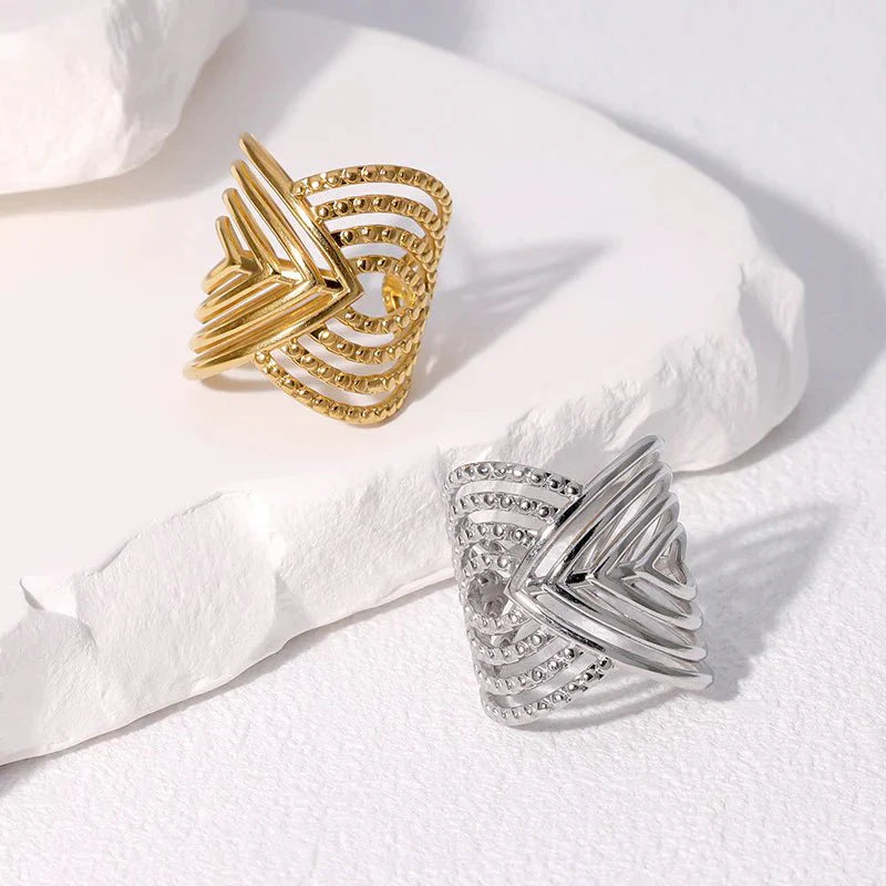 DGIDDK Women's 18K Gold Plated Statement Ring | Stainless Steel V-Shape Geometric Jewellery | Adjustable Wide Band