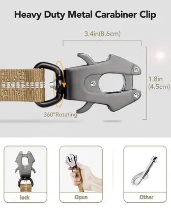 Heavy Duty Tactical Bungee Dog Leash | Zero Shock, Frog Clip & Car Seat Belt Buckle | Reflective Large Dog Lead