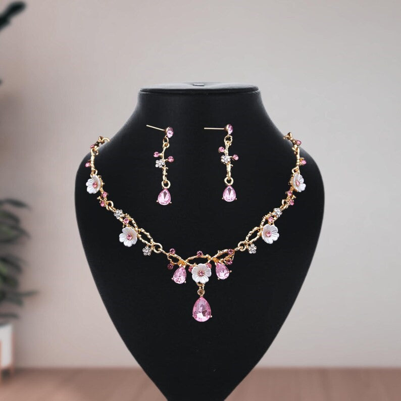 Cenmon Vintage Floral Bridal Jewellery Set | Pink Crystal Water Drop Necklace & Earrings | Gold Tone Wedding Accessory