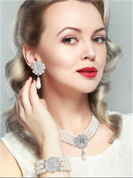 DREJEW Multi-Layer Pearl & Rhinestone Jewellery Set | Classic Flower Cluster Necklace & Earrings | Wedding Statement