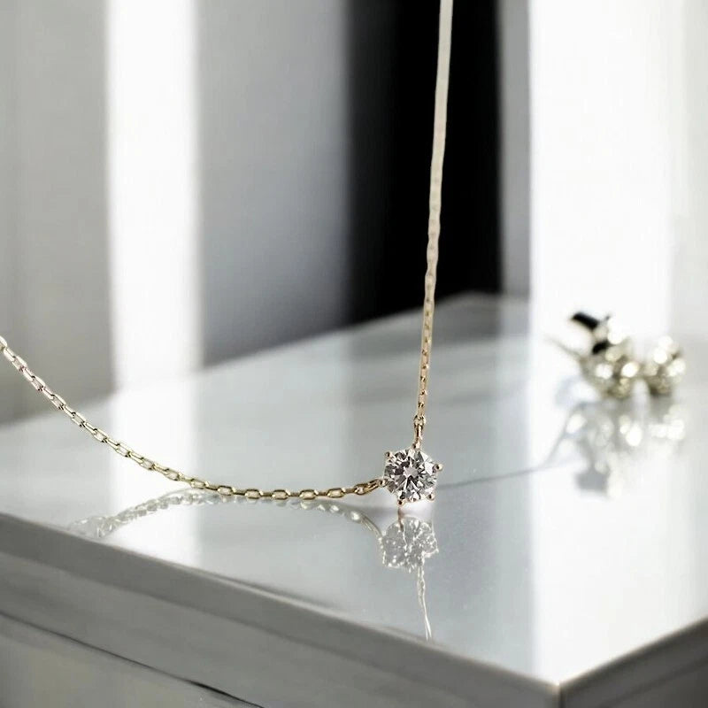 Jkeli S925 Sterling Silver Solitaire Necklace | Gold Plated Zircon Pendant | Delicate Minimalist Fine Jewellery